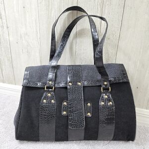 Black Croc Embossed Large Shoulder Bag Faux Suede Wool Blend Tote Purse Satchel